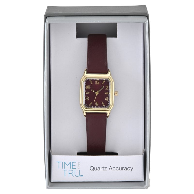 Goldtone Square Case Watch with Burgundy Leather Strap for Ladies
