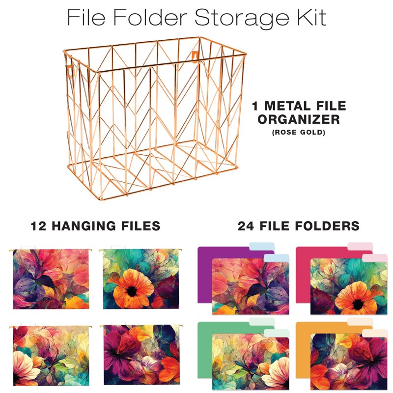 12 Hanging File Folders with Metal Basket - Colorful Abstract Floral Design