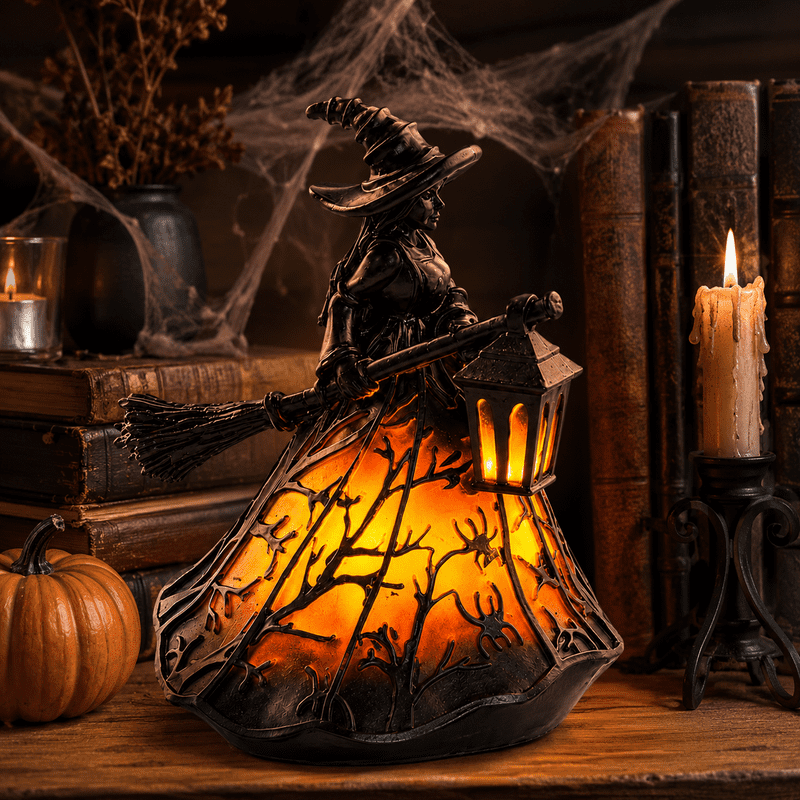 Halloween Witch Resin Lamp with Lights - Gothic Witch Decor for Home & Party