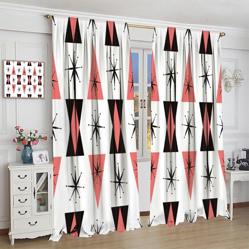 Retro 50s Atomic Pattern Curtains - Black, White, Coral Pink - Window Treatments, Thermal Insulated, 2 Panel Sets
