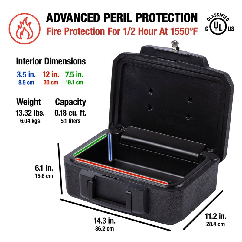 Fire-Resistant Storage Chest with Key Lock, Portable Black Safe, 0.18 Cu Ft