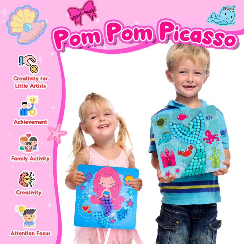 Kids Craft Kits for Girls Ages 3-6 DIY Mermaid & Unicorn Pom Pom Art Set