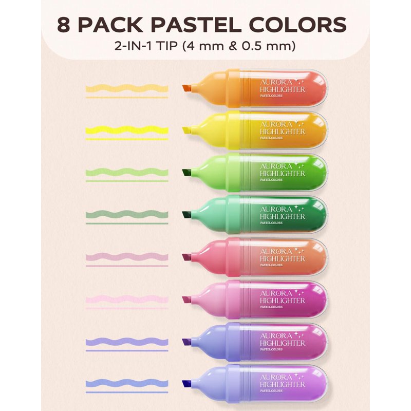 8-Piece Pastel Highlighter Set - No Bleed, Quick-Drying, Soft Chisel Tips