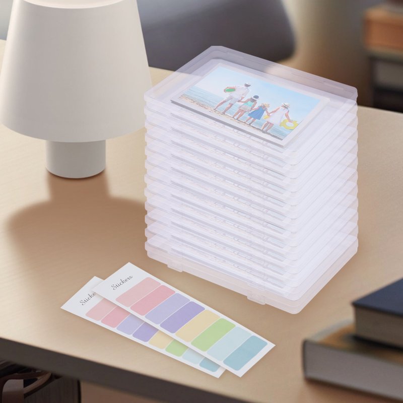 12 Pack Clear Plastic Photo Storage Boxes with Labels - 5x7 Inch Organizers for Photos, Crafts, Scrapbook Supplies