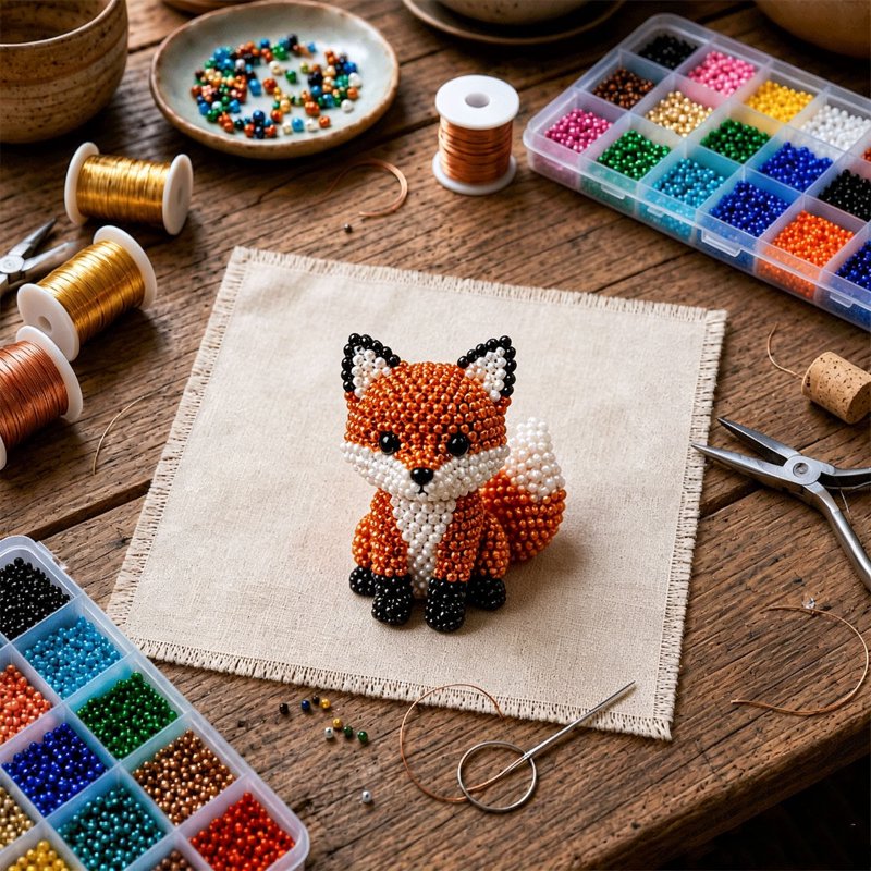 Beaded Animal Kit - Mini 3D Beading Craft Set for Stress Relief (Variation: Red Fox)