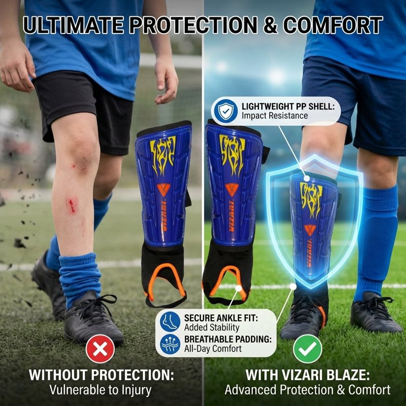 Vizari Blaze L Blue/Orange Soccer Shin Guards with Ankle Protection - Youth