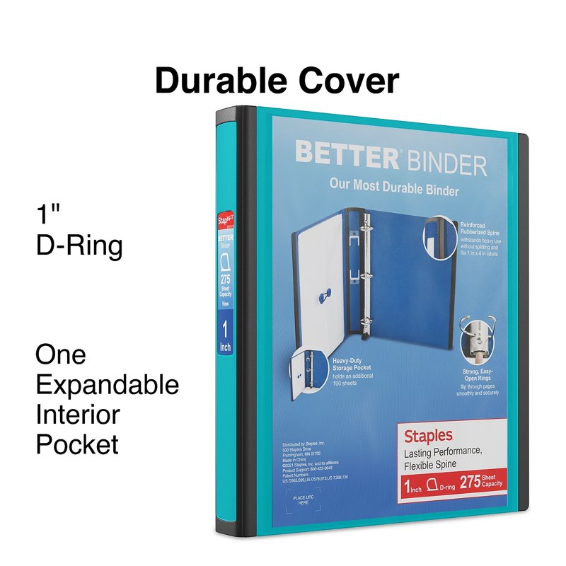 1-Inch D-Ring View Binder with Clear Windows, 275 Sheet Capacity, Teal