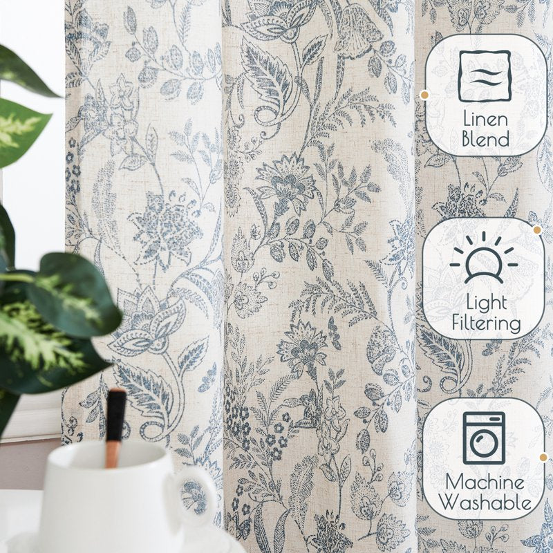 Farmhouse Floral Linen Curtains - Light Filtering Back Tab Window Drapes
