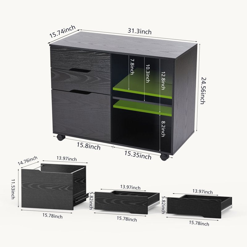 3-Drawer Mobile File Cabinet with Open Shelves and Wheels for Office Storage