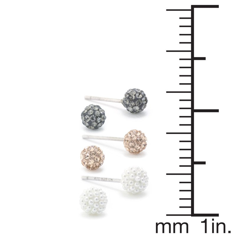 Sterling Silver 3-Piece Pave Crystal Stud Earrings Set for Women & Teens