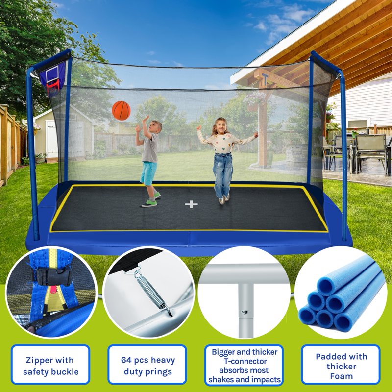 Large Rectangle Trampoline for Adults & Kids 8x12ft 1000LBS Capacity Outdoor with Enclosure Net & Football Target
