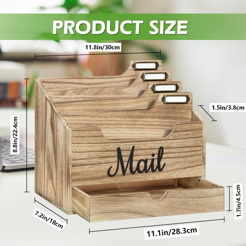 Wood Desktop Mail Organizer with 4 Large Compartments and Drawer – Rustic Office Desk Storage