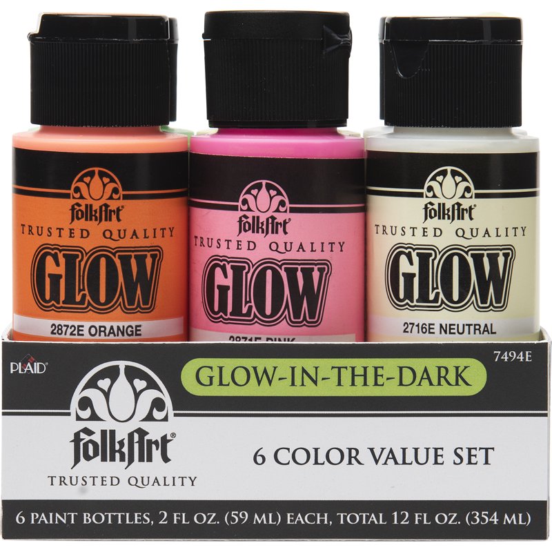 Glow-in-the-Dark Acrylic Paint Set - Matte Finish, 6 Colors, 12 fl oz