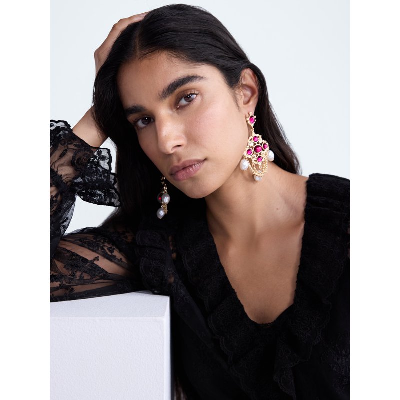 Gold Tone Chandelier Earrings for Women - Faux Pearl & Jewel Accents