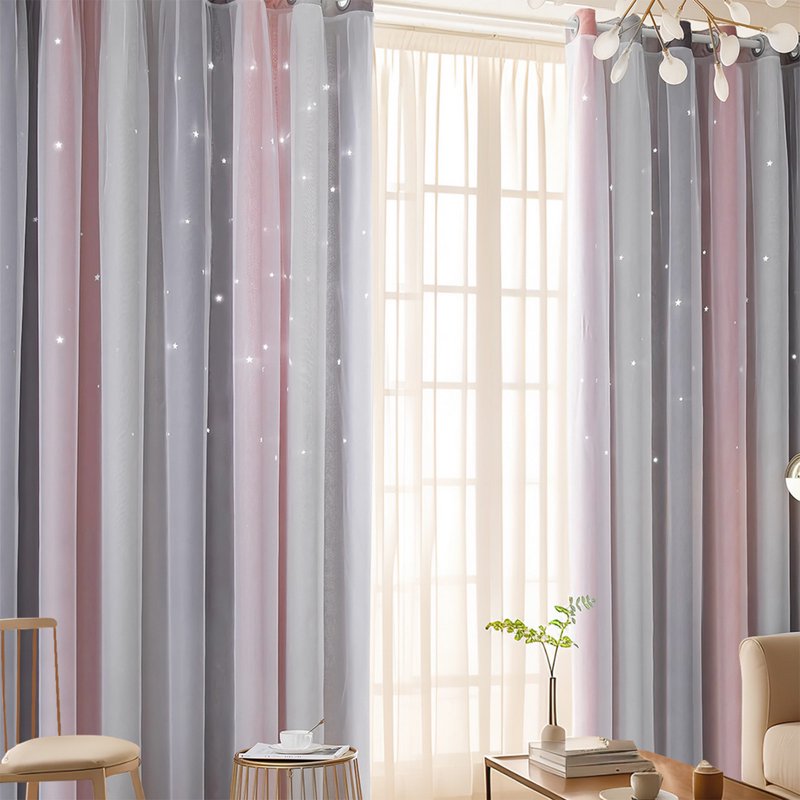 Colorful Rainbow Gradient Stripe Double Layer Blackout Curtain for Girls Bedroom