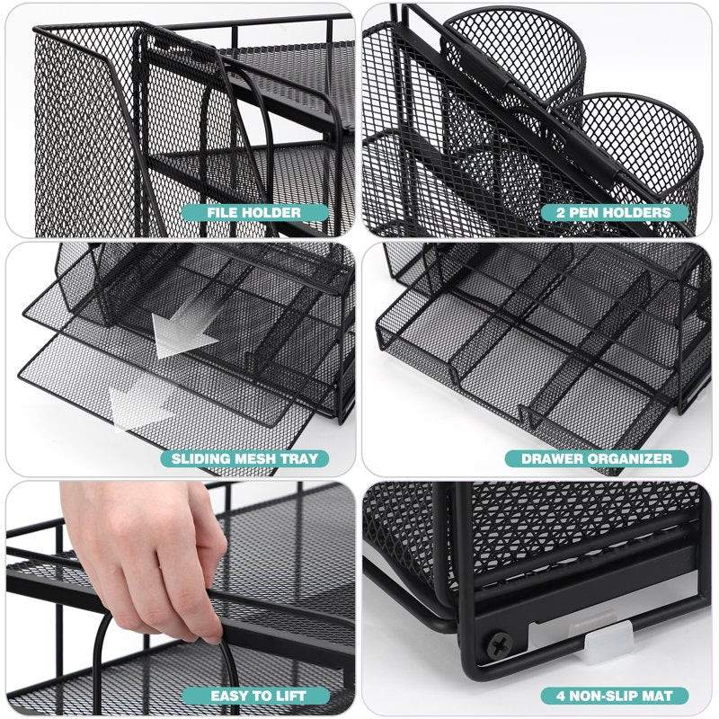 Multi-Tier Desk Organizer with File Drawers and Pen Holders - Office Storage Solution