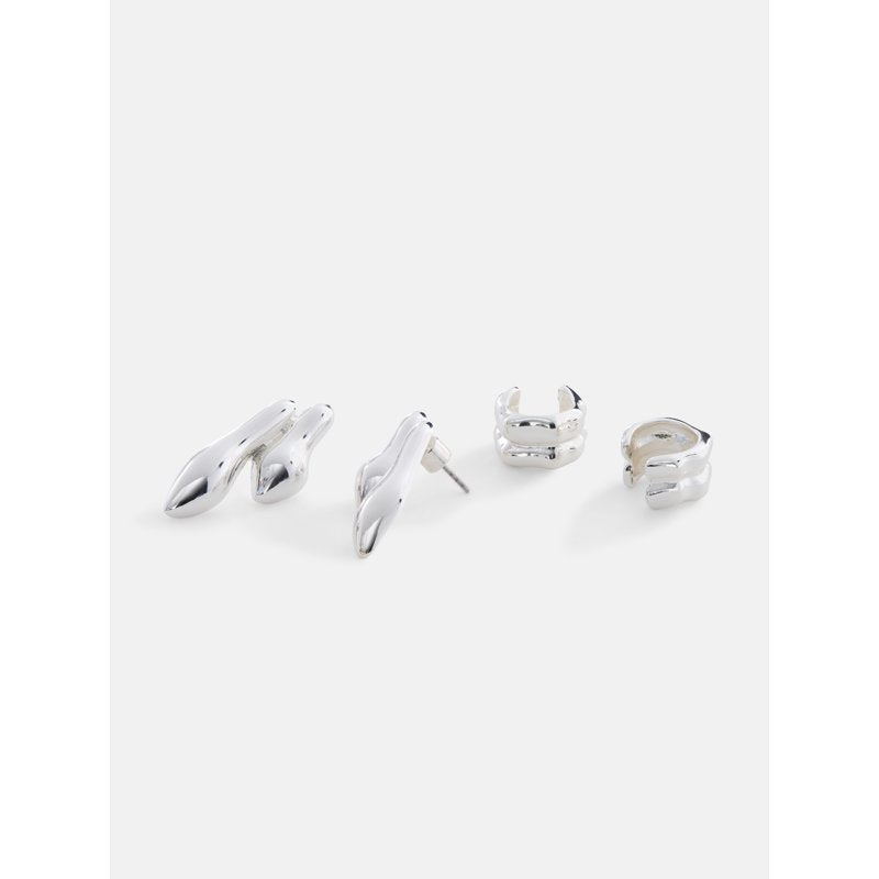 Silver Tone Ear Cuffs and Drop Earrings Set for Women - Sculpted Organic Design