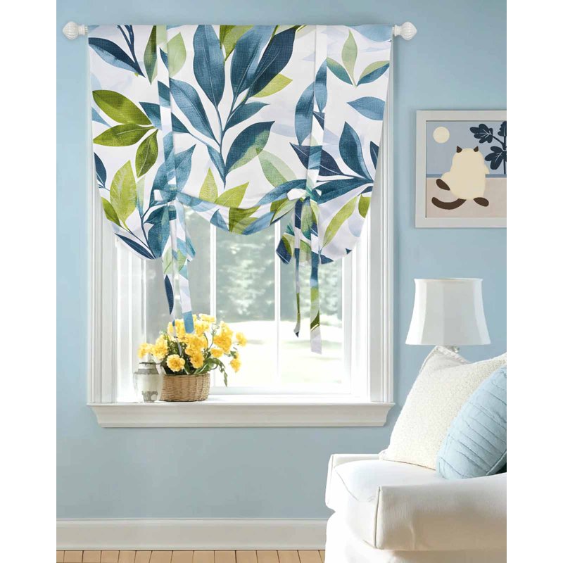 Teal Green Leaves Window Valance Curtains - Thermal Insulated Adjustable Rod Pocket Panel