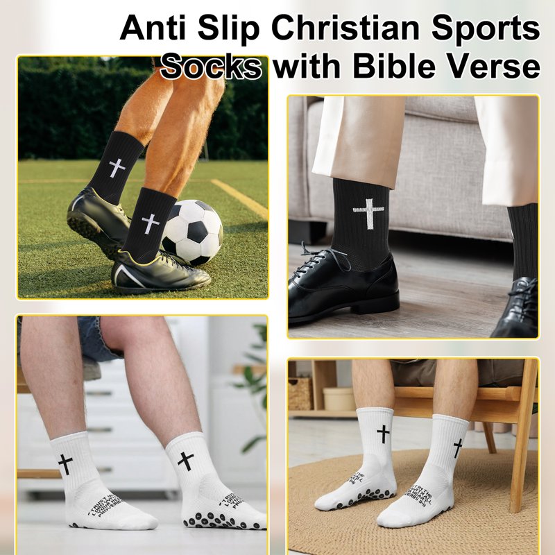 Hengguang 4-Pair Cross Grip Soccer Socks, US 7-11, Anti-Slip Training Socks - White & Black