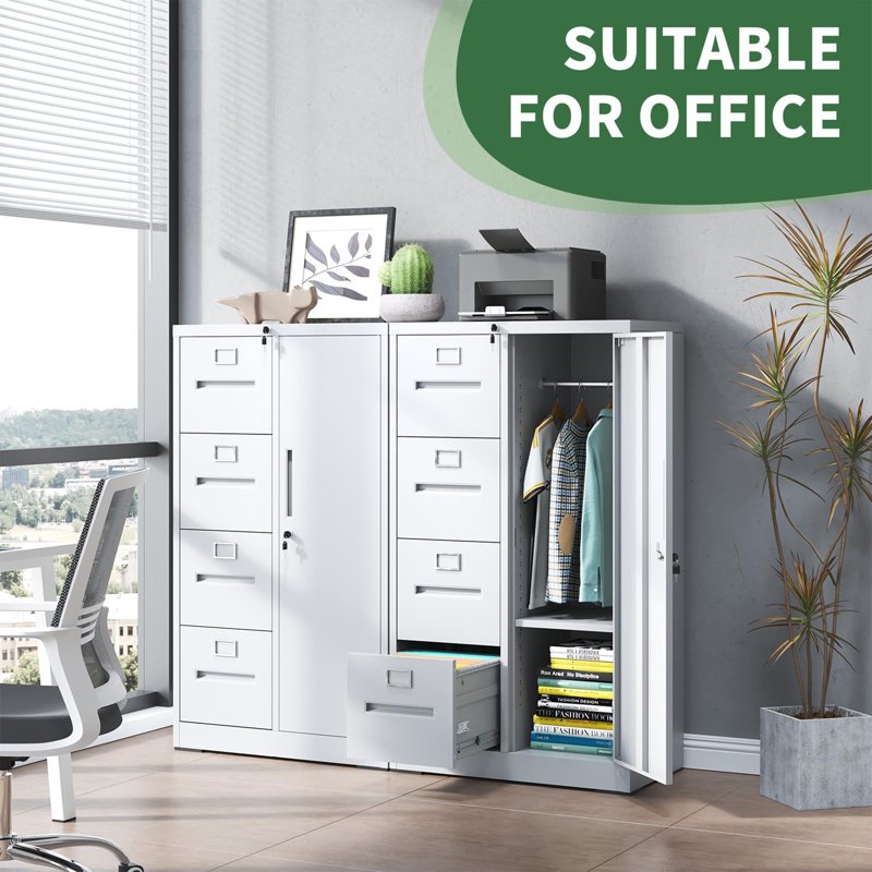Lockable Metal File Cabinet with 4 Drawers and Wardrobe - Office & Home Storage