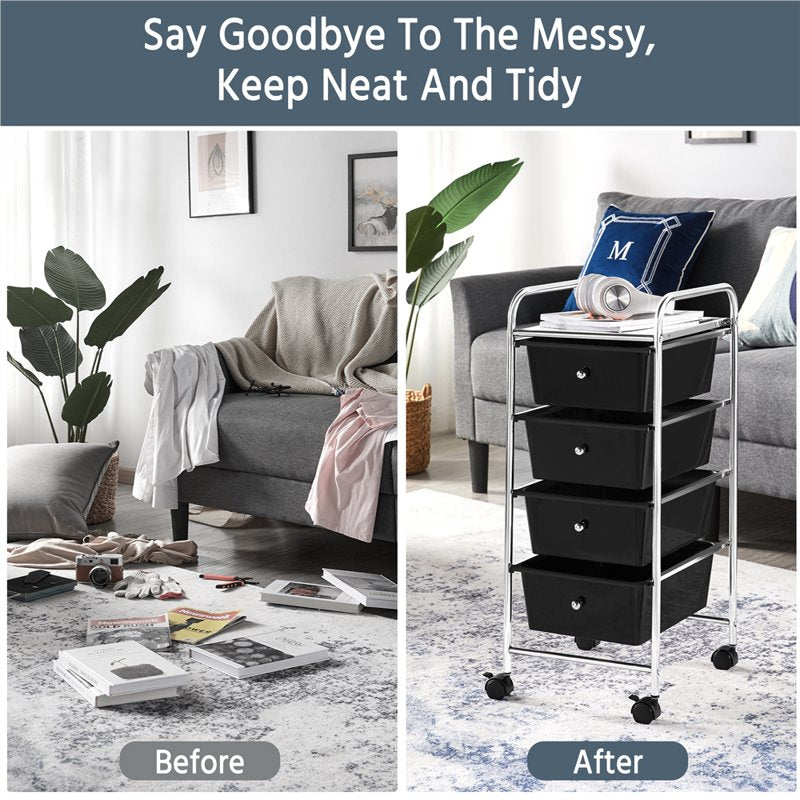 4-Drawer Metal Frame Storage Cart with Lockable Wheels, Black
