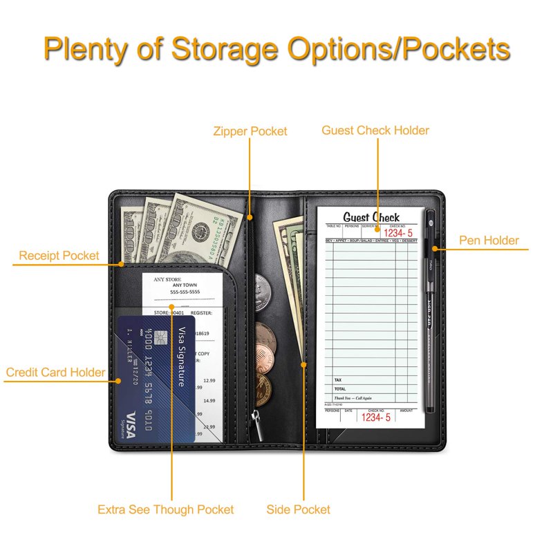 Server Book Organizer with Zipper Pocket and Pen Holder - Restaurant Guest Check Presenter, Leather Look