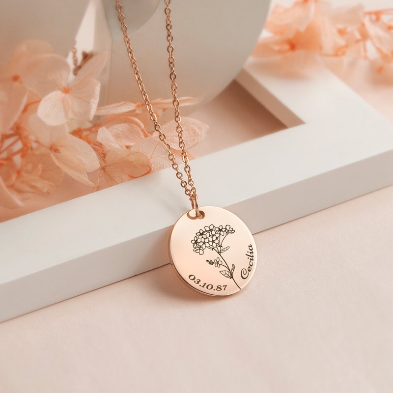 Personalized Birth Flower Necklace for Women - Engravable Charm in Silver, Gold, Rose Gold