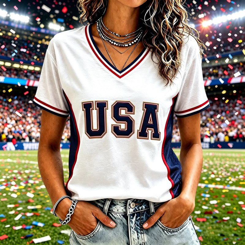 USA Soccer Jersey for Women Complexion S - V-Neck Red White Blue Patriotic Tee