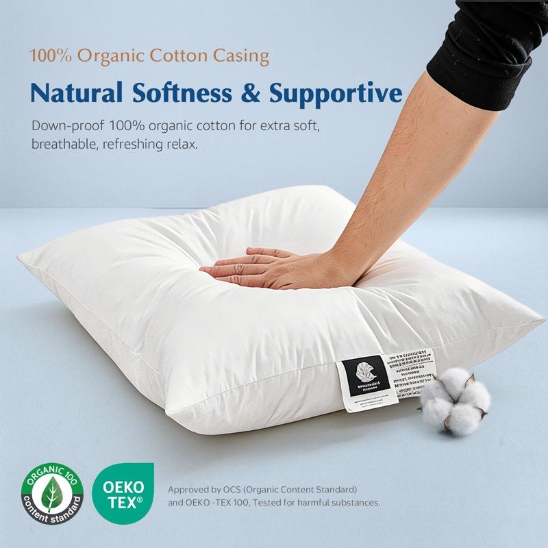 Organic Cotton Goose Feather Down Pillow Inserts 18x18 Inches Set of 2