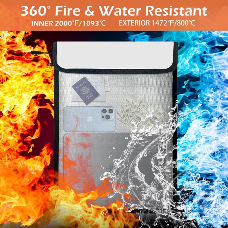 Fireproof Waterproof Document Bag - 2000℉ Safe & Water-Resistant with Reflective Strips, 2 Sizes for Passports, Cash, Files