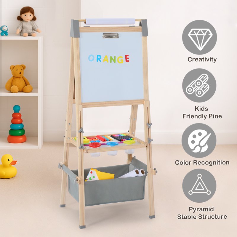 Double-Sided Kids Art Easel with Adjustable Height & Art Supplies - 3-in-1 Wooden Play Station