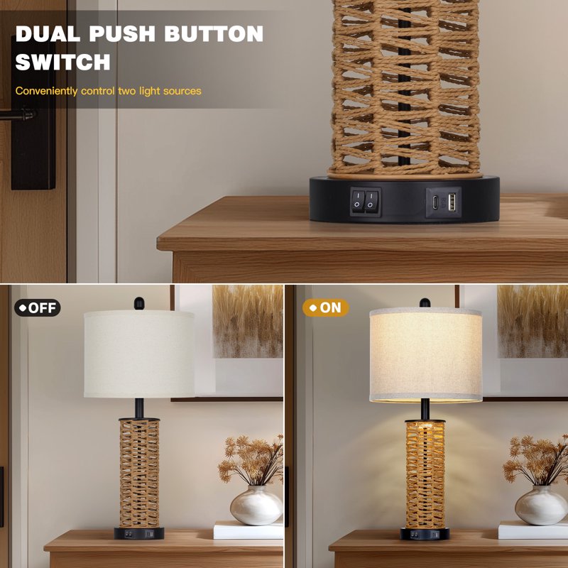 Set of 2 Rattan Woven Table Lamps with Dual Switches & USB Charging Ports - Farmhouse Nightstand Lighting