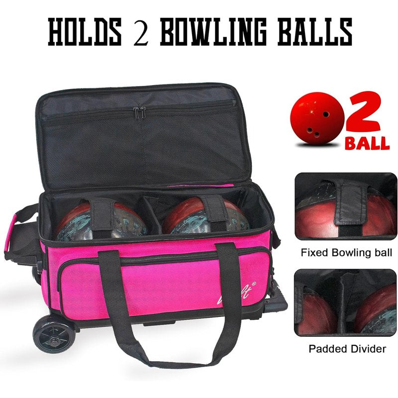WOLT Double Roller Bowling Bag for 2 Balls with Retractable Handle - 40" Pink