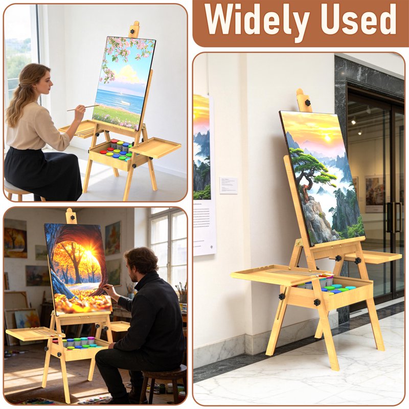 Wooden Art Easel for Painting with Adjustable Height and Storage Drawer - Natural Style