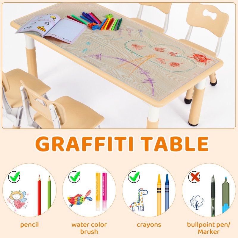 Kids Table and 6 Chairs Set with Height Adjustment and Waterproof Surface