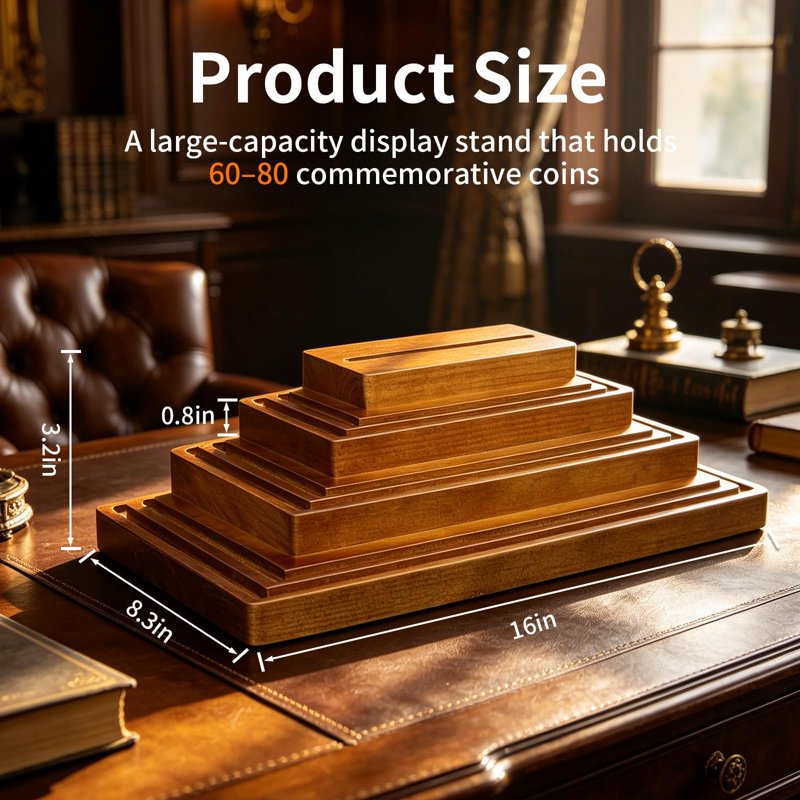 4-Tier Solid Wood Challenge Coin Display Stand - Walnut Collector's Organizer