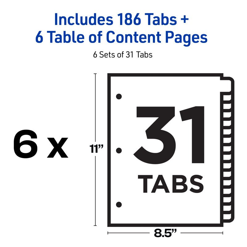 Office Binder Dividers with Tabs and Printable Table of Contents - 6 Sets of 31