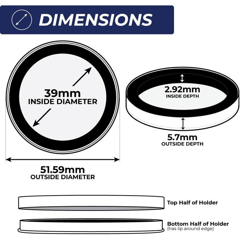 25-Pack 39mm Black Coin Holders for Silver & Copper Rounds - Protective Acrylic Storage Cases
