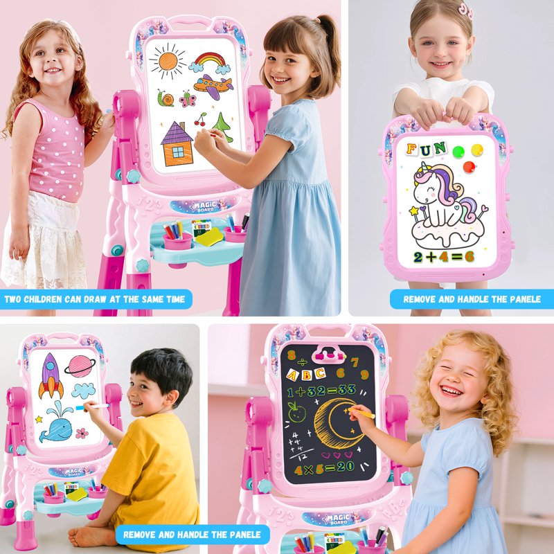 Kids Art Easel with Magnetic Whiteboard and Chalkboard - Adjustable Double-Sided Toddler Learning Toy