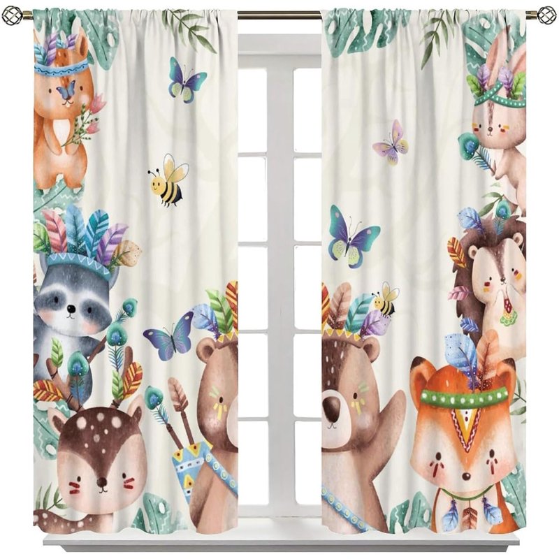 Kids Jungle Safari Curtain Set with Cartoon Forest Animals - Thermal Insulated Window Drapes for Children’s Bedroom and Nursery