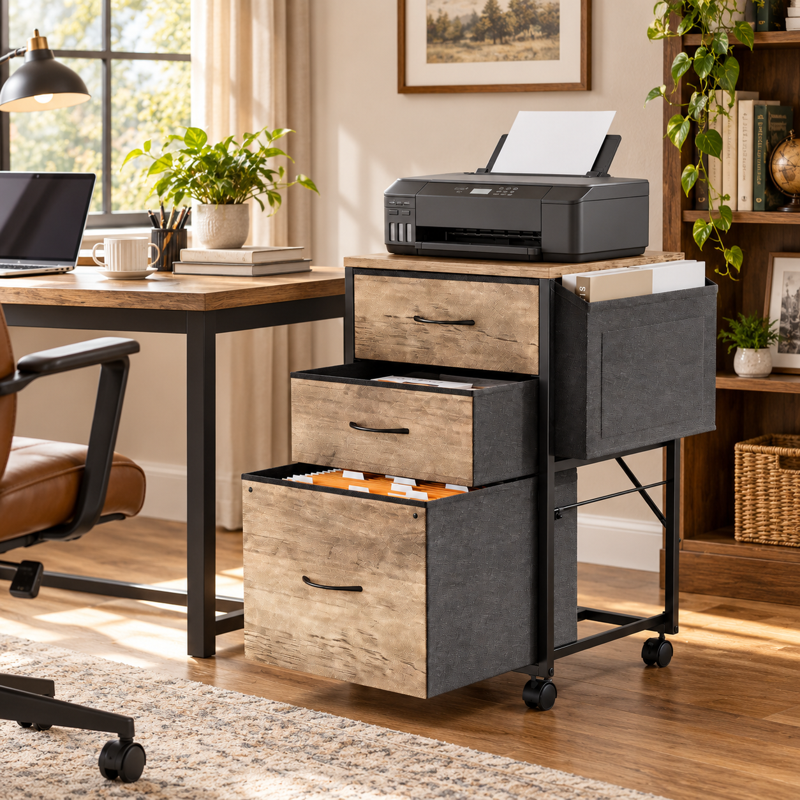 Rolling File Cabinet with 3 Fabric Drawers & Side Bag - Home Office Storage Stand