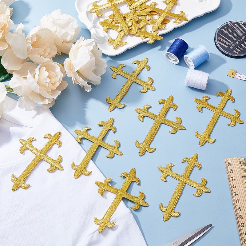 Gold Cross Embroidery Patch 15 Pack Polyester Metallic Thread Sewing Craft Decoration