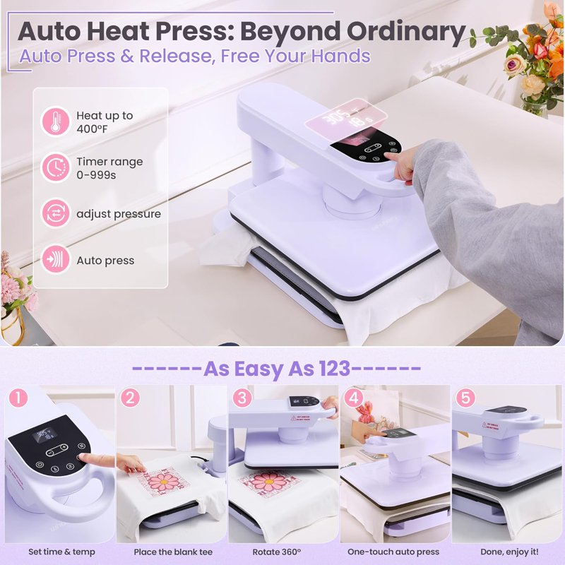 Automatic 15x15 Heat Press Machine with 360° Swing & High Workspace for Sublimation T-Shirts and Hoodies