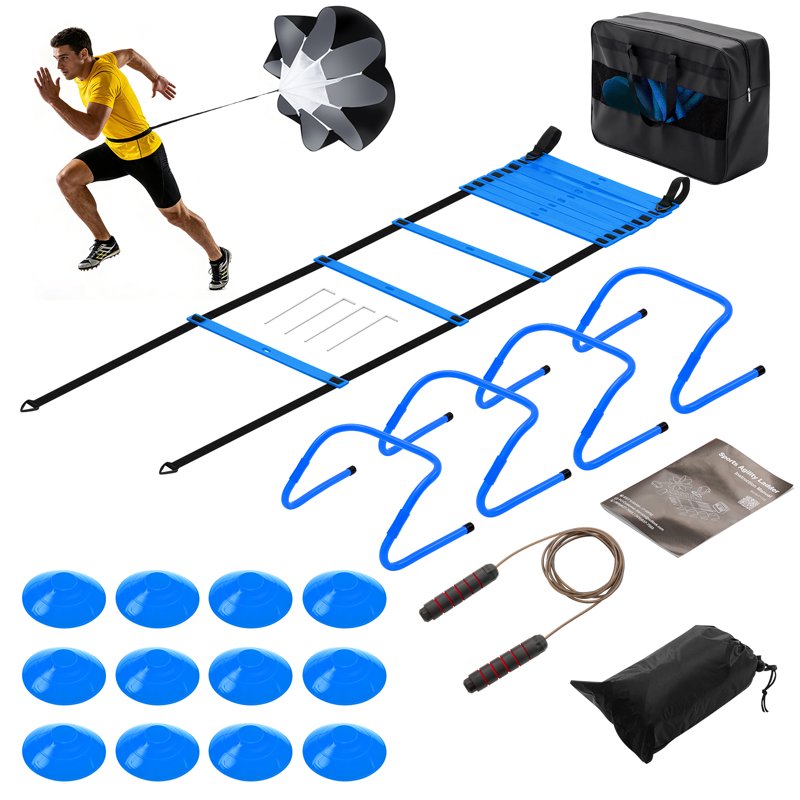 SHOUFTW Agility Ladder Training Set with Speed Parachute, Hurdles, Cones, Jump Rope - Blue