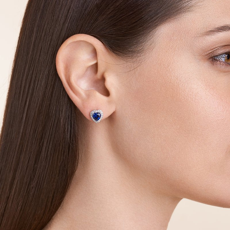 Sterling Silver Heart Halo Earrings with Blue and White Sapphires - Gift-Ready Jewelry