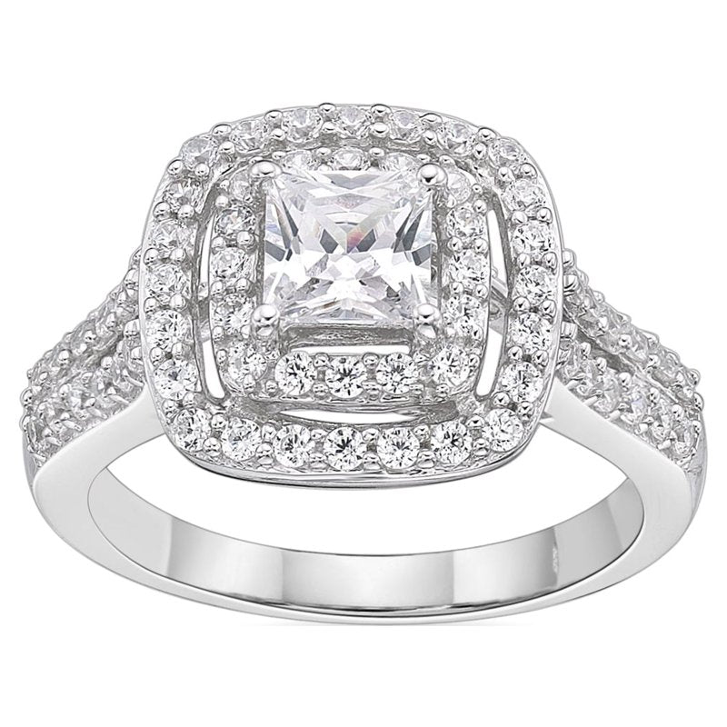Sterling Silver Simulated White Diamond Double Halo Ring - Elegant Jewelry Gift