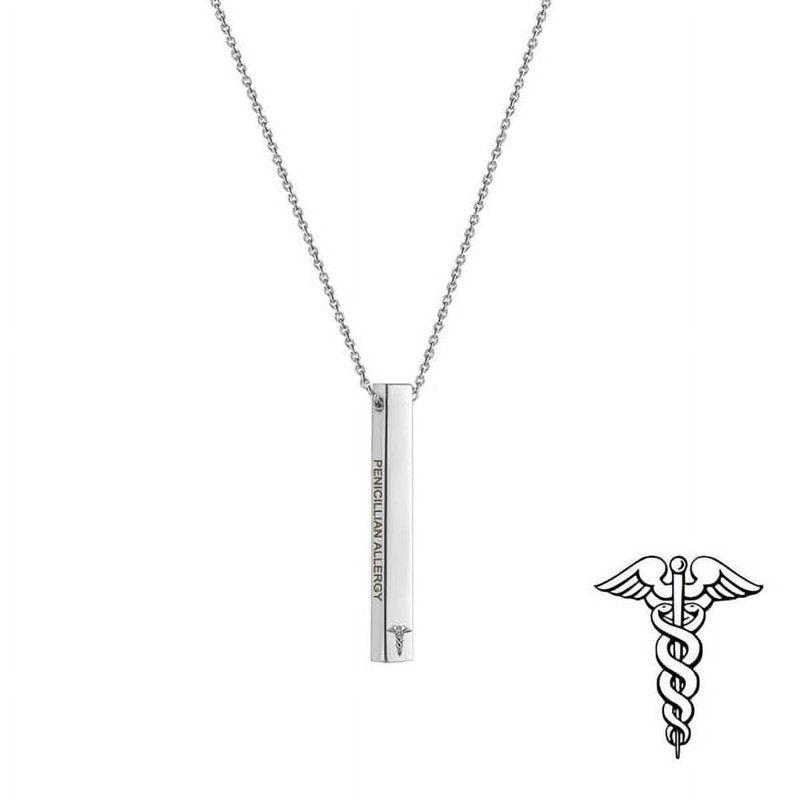 Medical Alert ID Necklace Engravable 4-Sided Bar Personalized Stainless Steel Jewelry