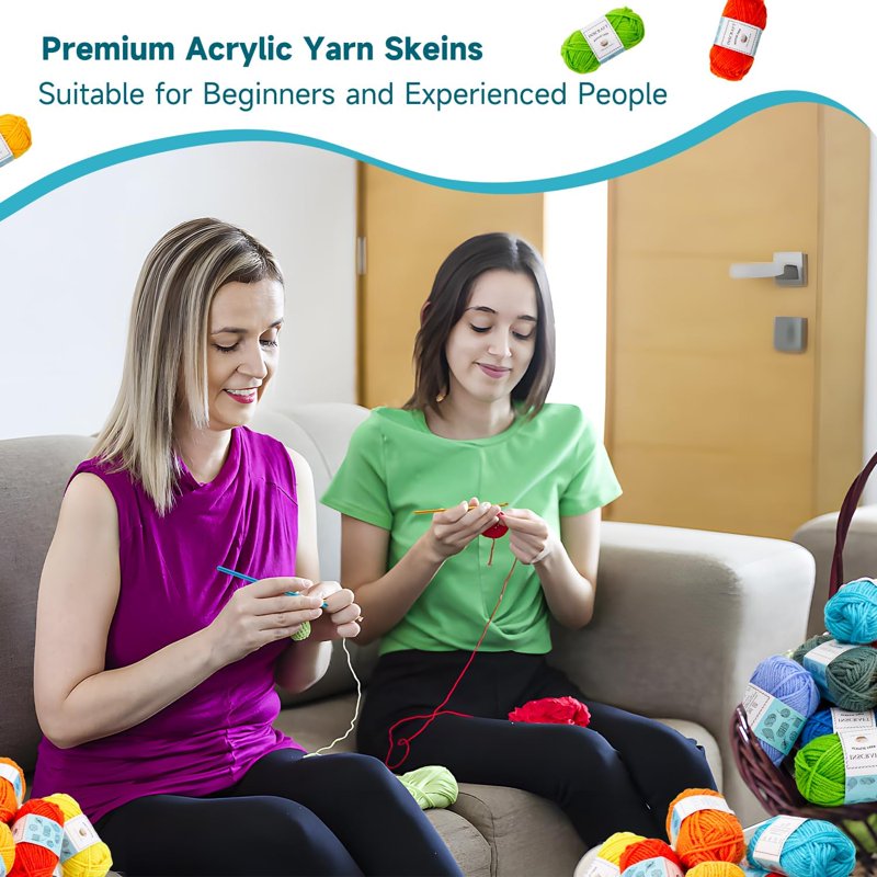 Crochet Yarn Kit with 52 Bright Acrylic Colors & Crochet Hooks - 67 Pieces