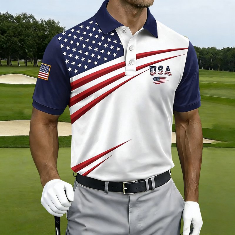 Men's Patriotic 250th Anniversary USA Flag Polo Shirt - Casual Short Sleeve Golf Tee