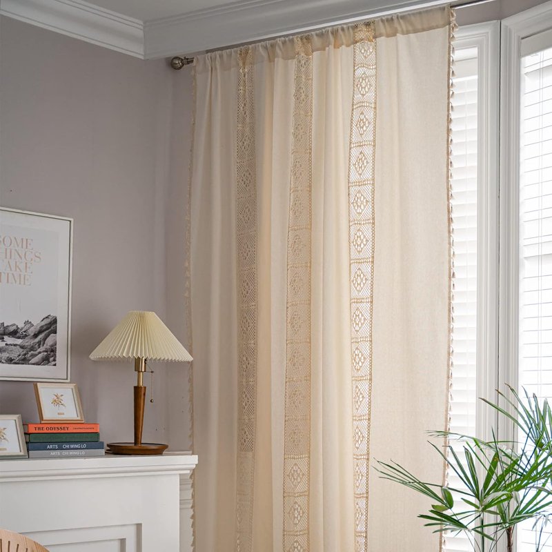 Boho Bedroom Curtains Cream & Beige Cotton Linen Patchwork with Tassels - Semi-Blackout Window Panel